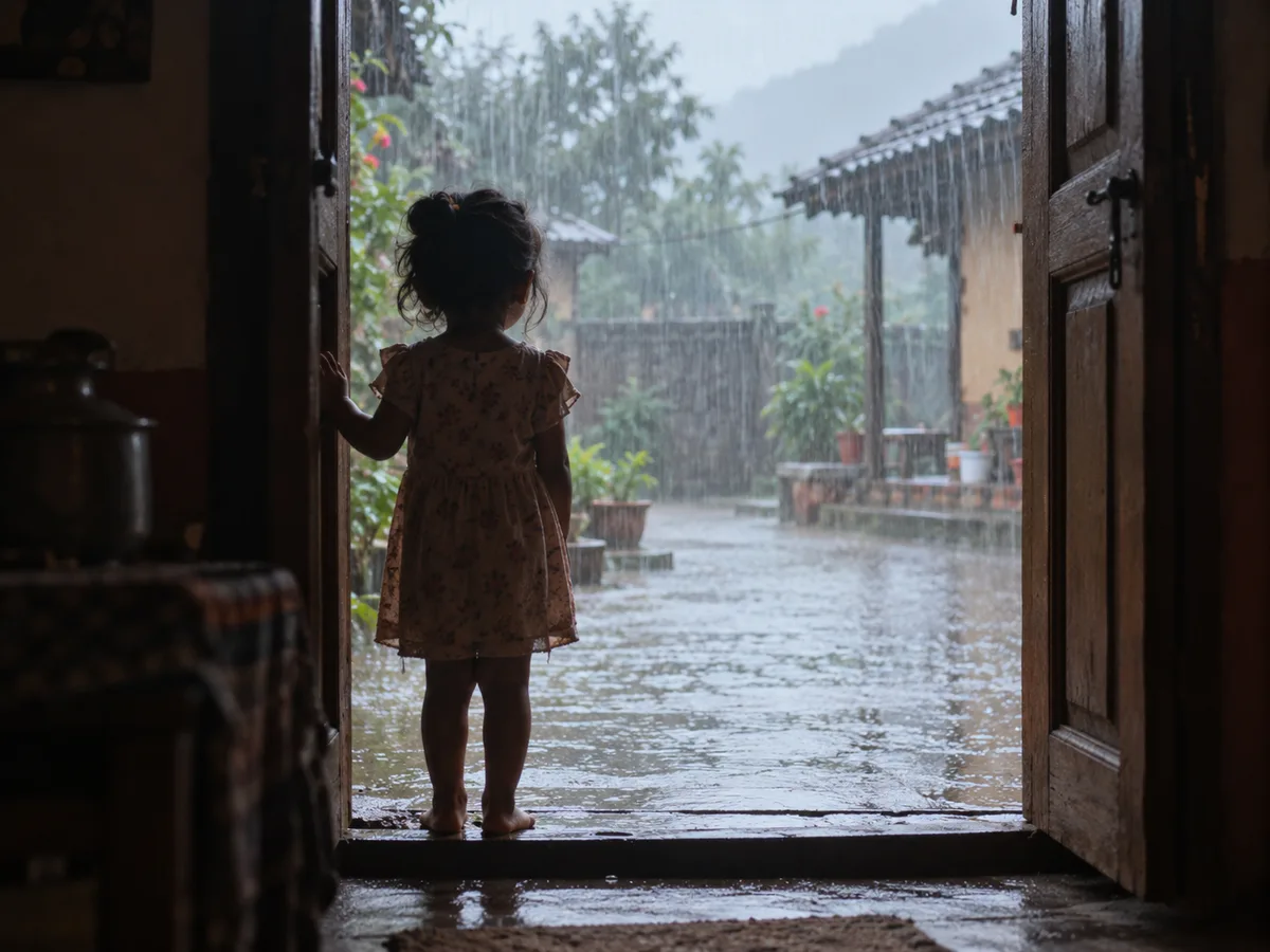 A small girl stands with her back to us in an open doorway, one hand on the frame, watching monsoon rain fall on a courtyard.