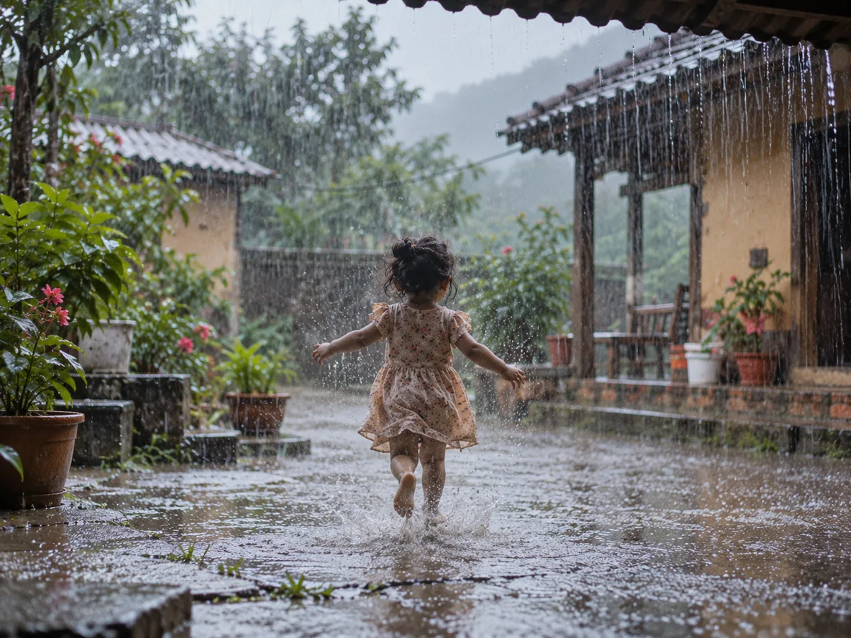 The same girl, running away from us through heavy rain, splashing across the wet courtyard.